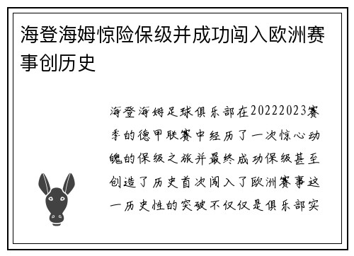 海登海姆惊险保级并成功闯入欧洲赛事创历史 海登海姆惊险保级并成功闯入欧洲赛事创历史