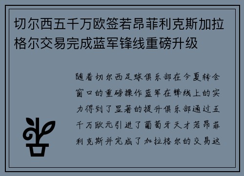 切尔西五千万欧签若昂菲利克斯加拉格尔交易完成蓝军锋线重磅升级