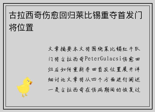 古拉西奇伤愈回归莱比锡重夺首发门将位置 古拉西奇伤愈回归莱比锡重夺首发门将位置
